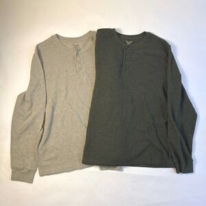 Faded Glory Mens XL Henley Waffle Knit Shirt Lot 2 Long Sleeve Green Tan